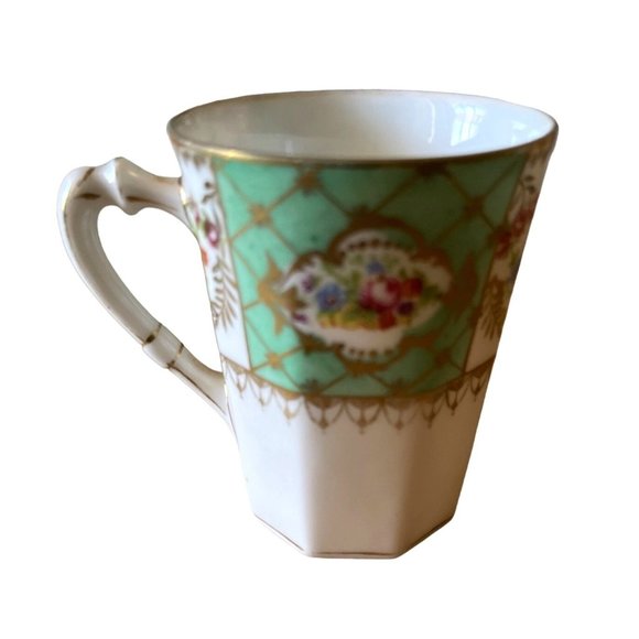 Demitasse Teacup Hand Painted Mint Green and Floral Gold Trim 2.25 w x 3" h - Picture 5 of 7